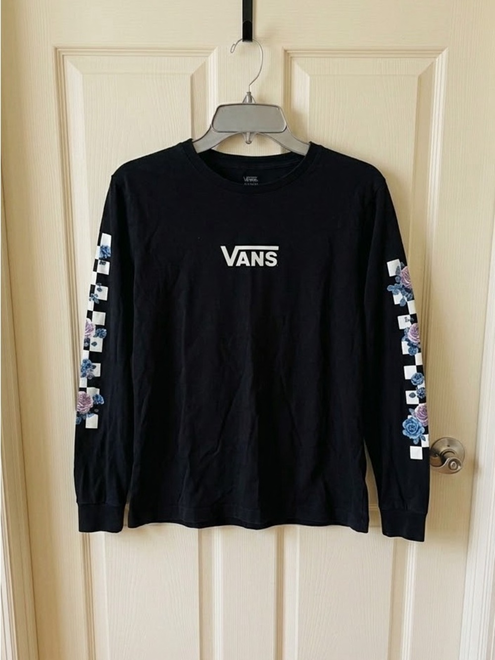 Vans Black Long-Sleeve Logo Tee with Floral Sleeve Detail
